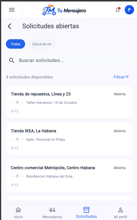 Lista de solicitudes disponibles